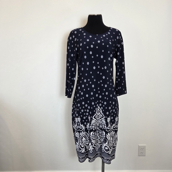 Glamour Dresses & Skirts - Navy Blue Batik Print Midi Dress Paisley Classic Modest Church School Teacher 6